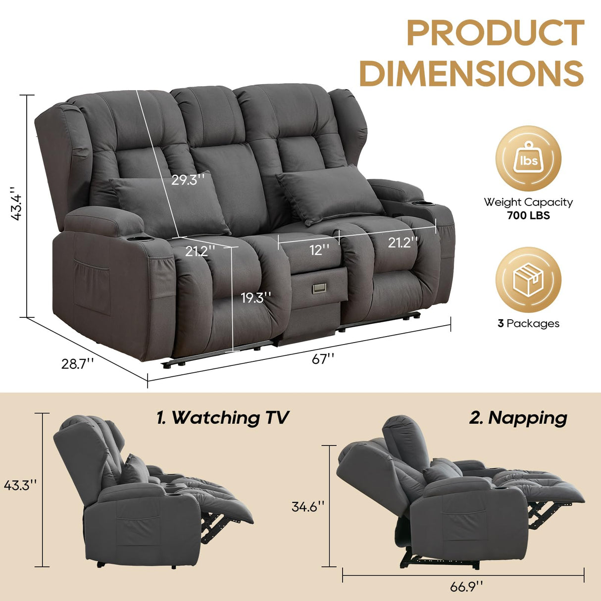 IPKIG 67" RV Loveseat Double Recliner Sofa with FILP Back Console, Storage Drawer, Side Pockets, Lychee Pattern Tech Fabric Manual Reclining Chair Home Theater Seating (Grey) IPKIG