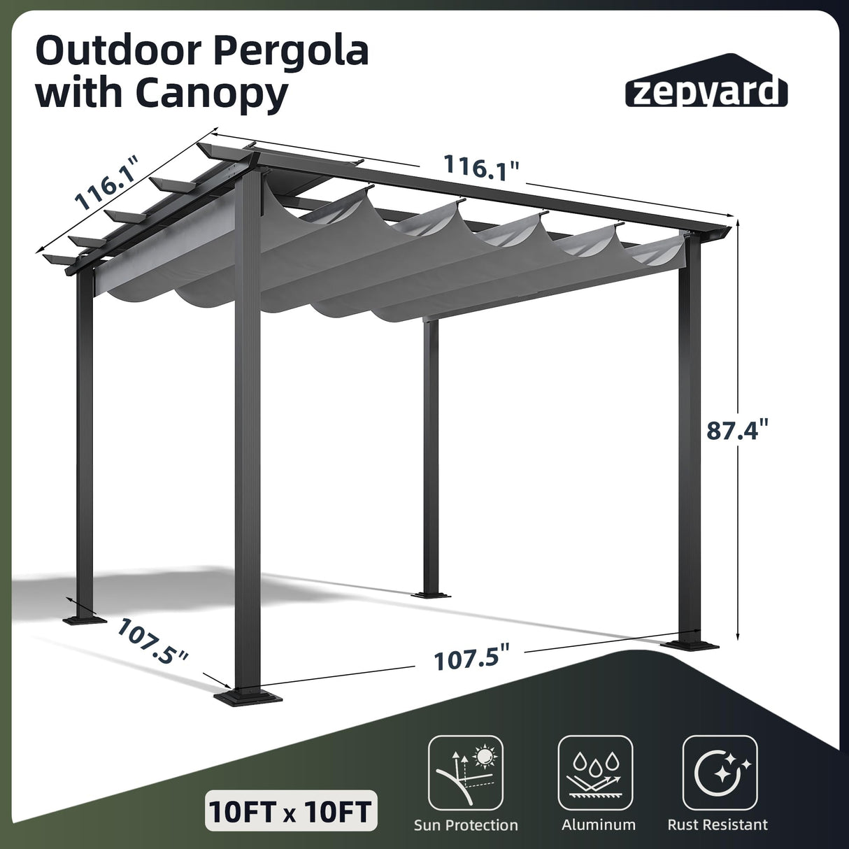 ZEPYARD 10X10 FT Outdoor Pergola, Aluminum Pergola with Sun Shade Retractable Canopy, Patio Retractable Pergola for Deck, Backyard, Grill (Grey) ZEPYARD