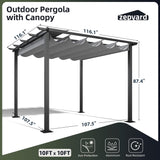ZEPYARD 10X10 FT Outdoor Pergola, Aluminum Pergola with Sun Shade Retractable Canopy, Patio Retractable Pergola for Deck, Backyard, Grill (Grey) ZEPYARD