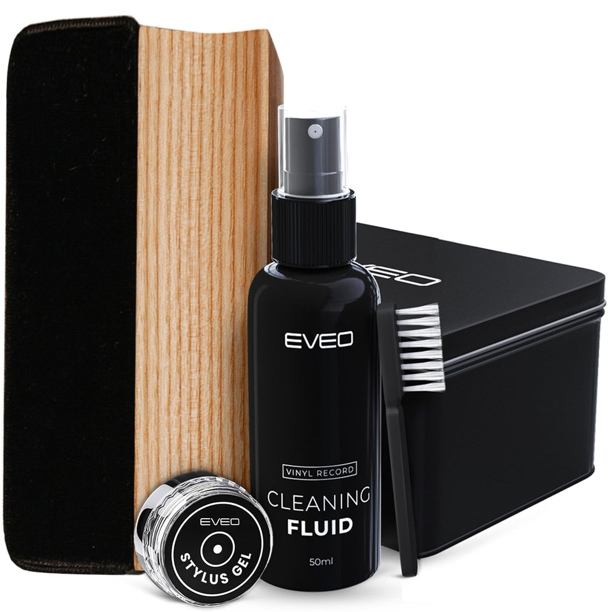EVEO Vinyl Record Cleaning Kit - 4-in-1 Premium Vinyl Record Cleaner & Vinyl Cleaning Kit with Velvet Brush, Vinyl Cleaner Liquid, Duster & Turntable Stylus Gel EVEO
