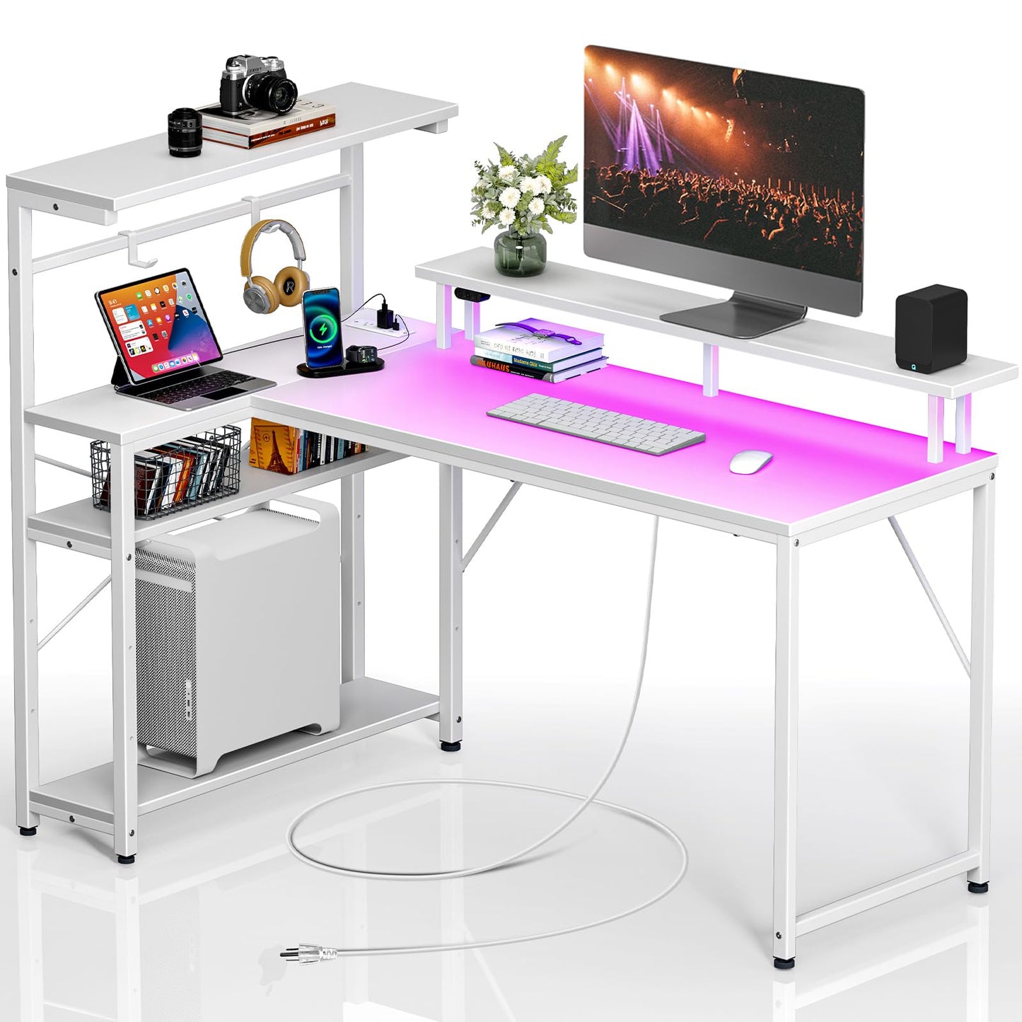 Seventable Gaming Desk with Power Outlet and LED Light, Reversible Small Desk with Monitor Stand and 4 Tiers Shelves, 39" L Shaped Desk with Hooks, Computer Desk for Living Room and Bedroom,  - WoodArtSupply