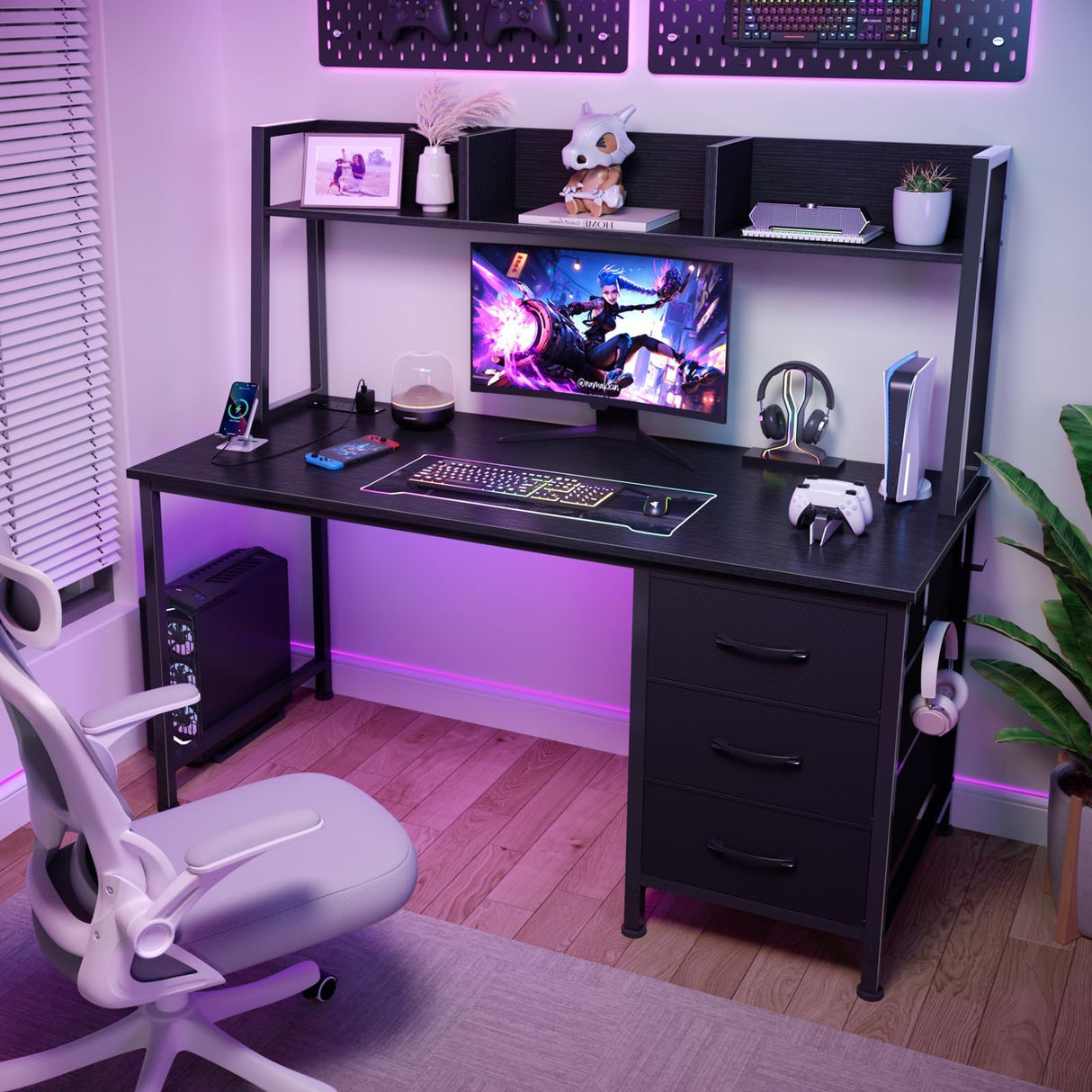 DLISITING Computer Desk with Hutch & Drawers - Office Study Writing 47 Inch Desk with 3 Drawers Storage Power Outlets, Modern Desk for Bedroom Home Office Black DLISITING