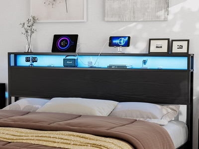 IKIFLY King Size LED Storage Headboard with Charging Station – Stylish Black Metal and Wood Design for Easy Bedroom Assembly