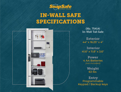 SnapSafe In Wall Tall Safe, Light Grey, 75414 - Hidden Gun Safe Provides Security for your Firearms & Valuables, Keypad Entry - Fits Between 2 Wall Studs, Flush Mount, Ideal for Home, Office