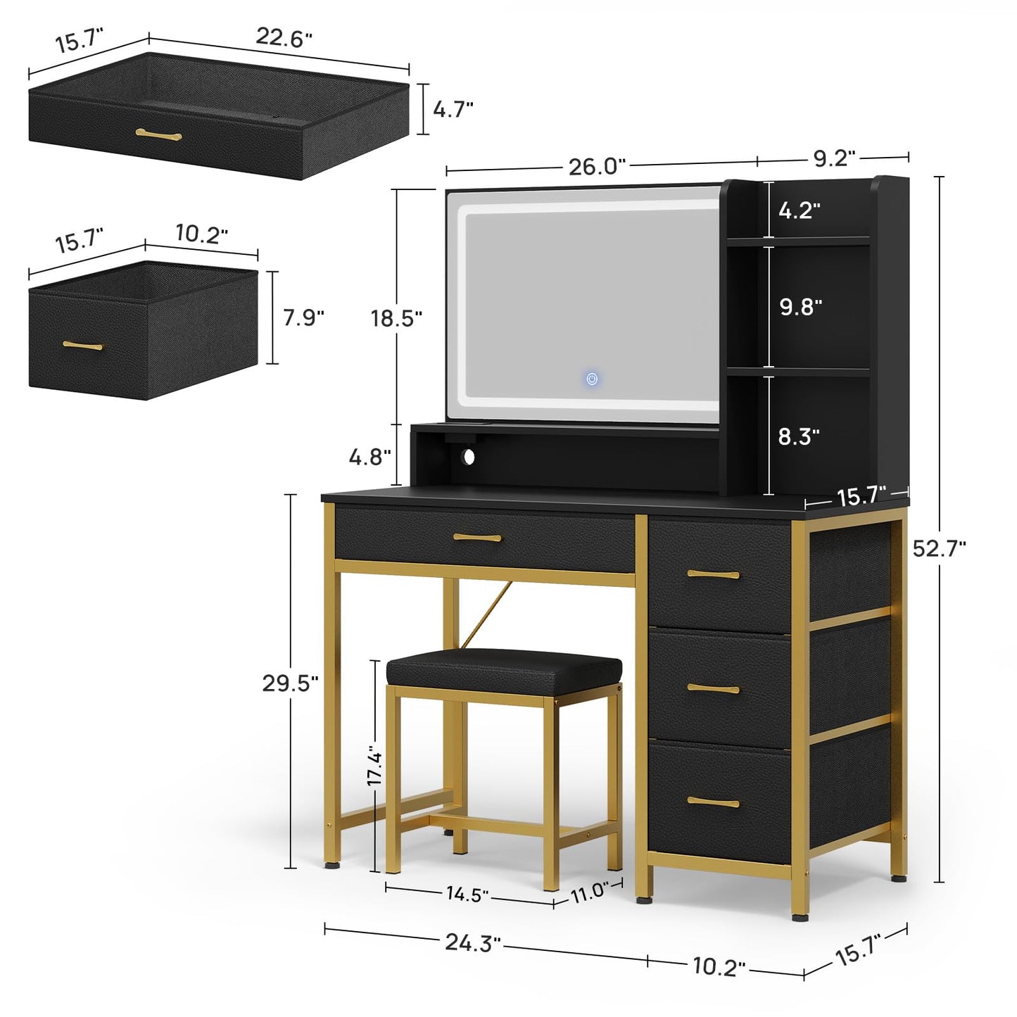 Rolanstar Vanity Desk with Mirror and Lights, Makeup Vanity with Upholstered Vanity Stool, 4 Drawers, Power Outlets, Vanity Set with 4 Compartments for Bedroom Black and Gold