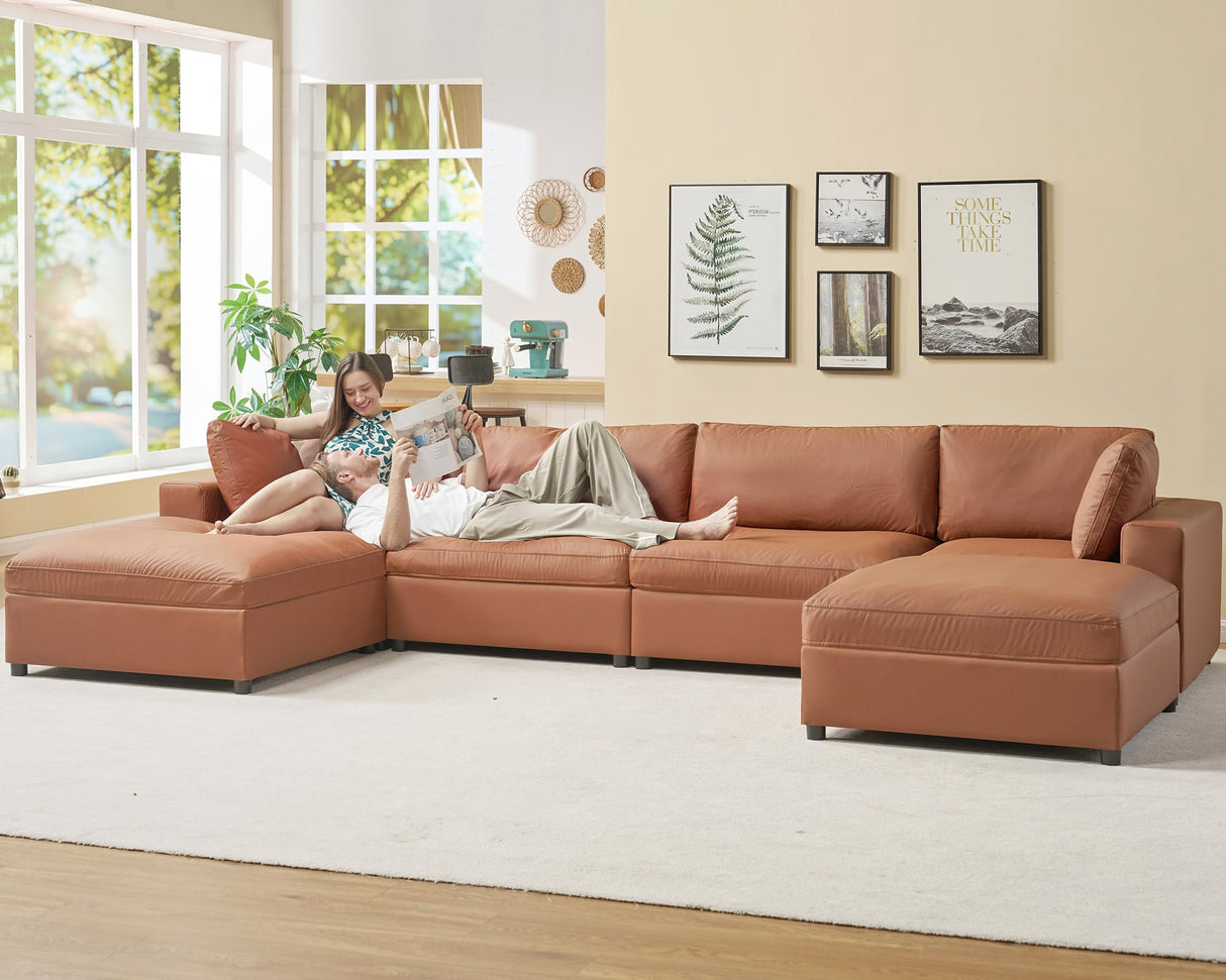PaPaJet Modular Sectional Sofa, 152 Inches Down Filled Sectional Sofa, 6 Seats U Shaped Cloud Couch with Chaise, Ottoman, Oversized Couch for Living Room, Brown Anti-Scratch Leathaire Couch Set PaPaJet