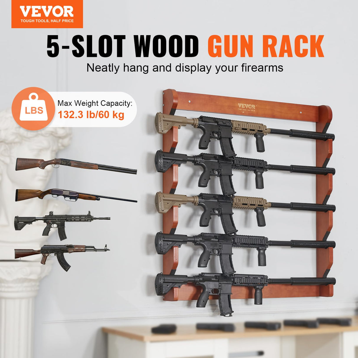 VEVOE Gun Rack, Wood Gun Rack Wall Mount, Gun Display Rack Holds 5 Rifles, Shotguns, 132 lb Heavy Duty Wall Storage Display Rifle Rack with Soft Padding VEVOR