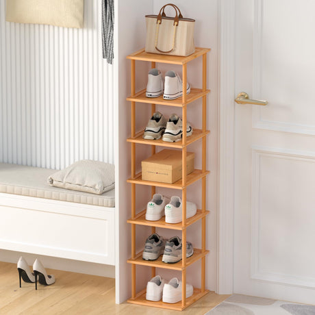 Bamboo Free Standing Shoe Rack Shelf Multi Tier Tall Wooden Stackable Shoes Rack Organizer for Closet Front Door Entrance Narrow Vertical Shoe Storage Rack for Corner Stand (Nature, 7 Tiers) MHXW SXPN