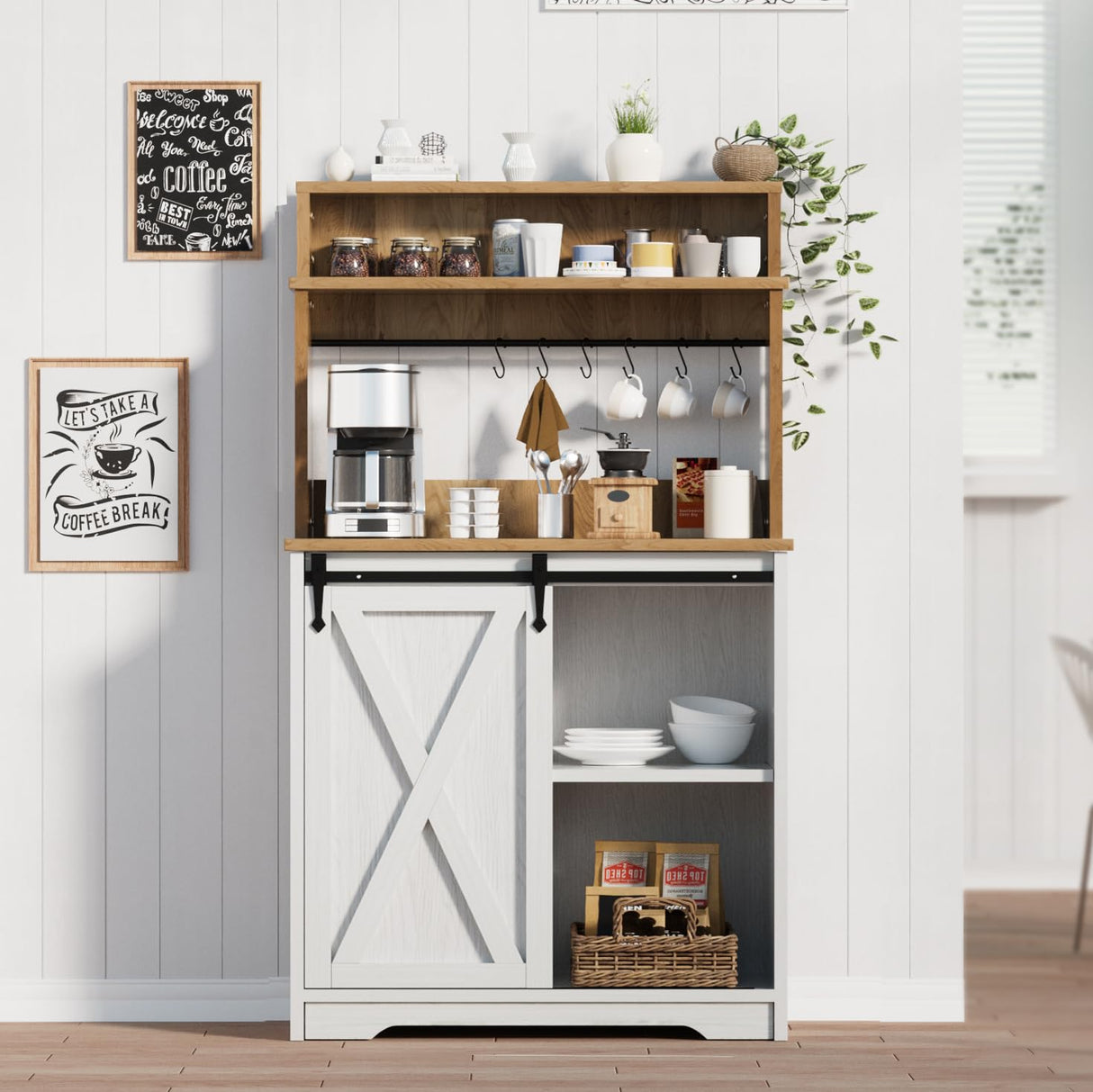 BestHaped Farmhouse Coffee Bar Cabinet with 3 Tier Storage Hutch, 56 Inch Coffee Bar with 6 Hooks, White Small Coffee Station Coffee Bar Table with Adjustable Shelves for Living Dining Room BestHaped