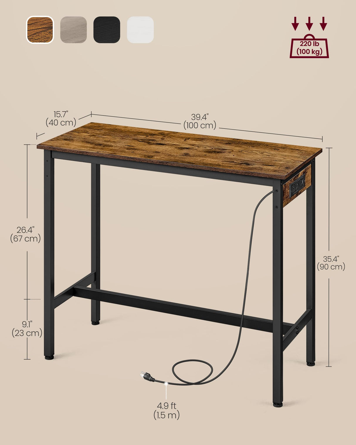 VASAGLE Bar Table, Narrow Long Kitchen Dining Table with Charging Station, Sturdy Metal Frame, Industrial, 15.7 x 39.4 x 35.4 Inches, Rustic Brown and Ink Black ULBT101K01 VASAGLE