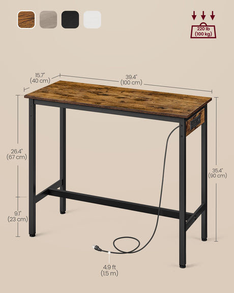 VASAGLE Bar Table, Narrow Long Kitchen Dining Table with Charging Station, Sturdy Metal Frame, Industrial, 15.7 x 39.4 x 35.4 Inches, Rustic Brown and Ink Black ULBT101K01 VASAGLE