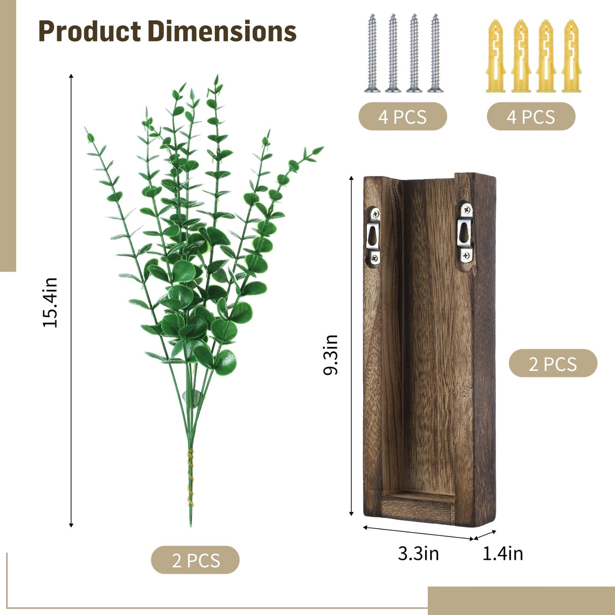 2 Pcs Wood Wall Planters,1.4''x3.3''x9.3''Farmhouse Wall Plant Pocket Vases with Artificial Eucalyptus, Fake Plants Greenery Wall Hanging Decors for Living Room, Bathroom,Bedroom,Office Decoration Lnrueg