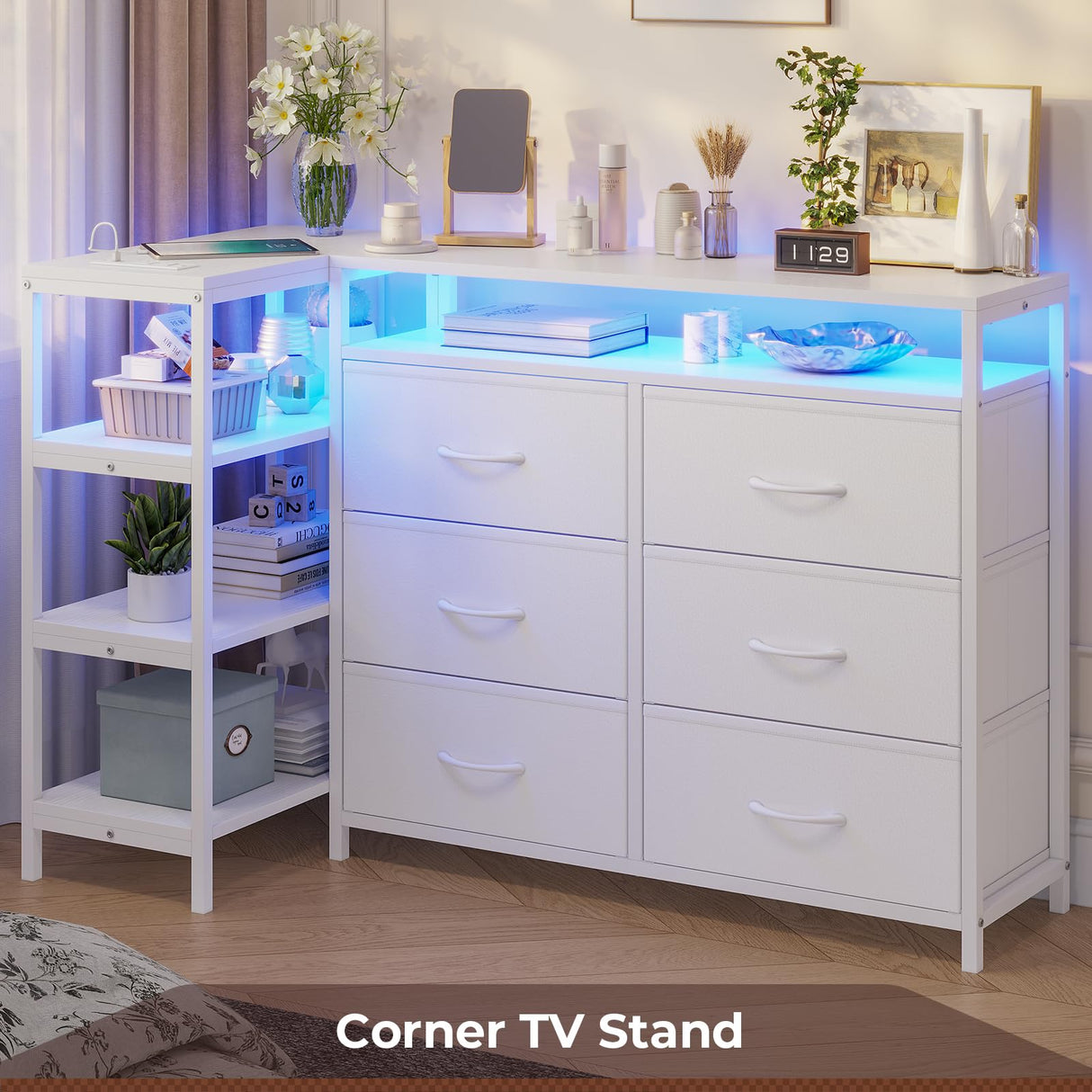 HAUOMS TV Stand with LED Lights for 60 Inch TV,Entertaiment Center with Charging Station,White L Shaped Corner TV Stand with Drawers & Shelves,6 PU Drawers,TV Stand Dresser for Bedroom HAUOMS