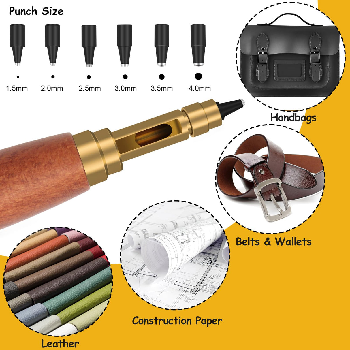 Japanese Screw Punch, Boyistar Wood Handle Belt Hole Puncher, Adjustable Leather Hole Punch Tool (Brown) Boyistar