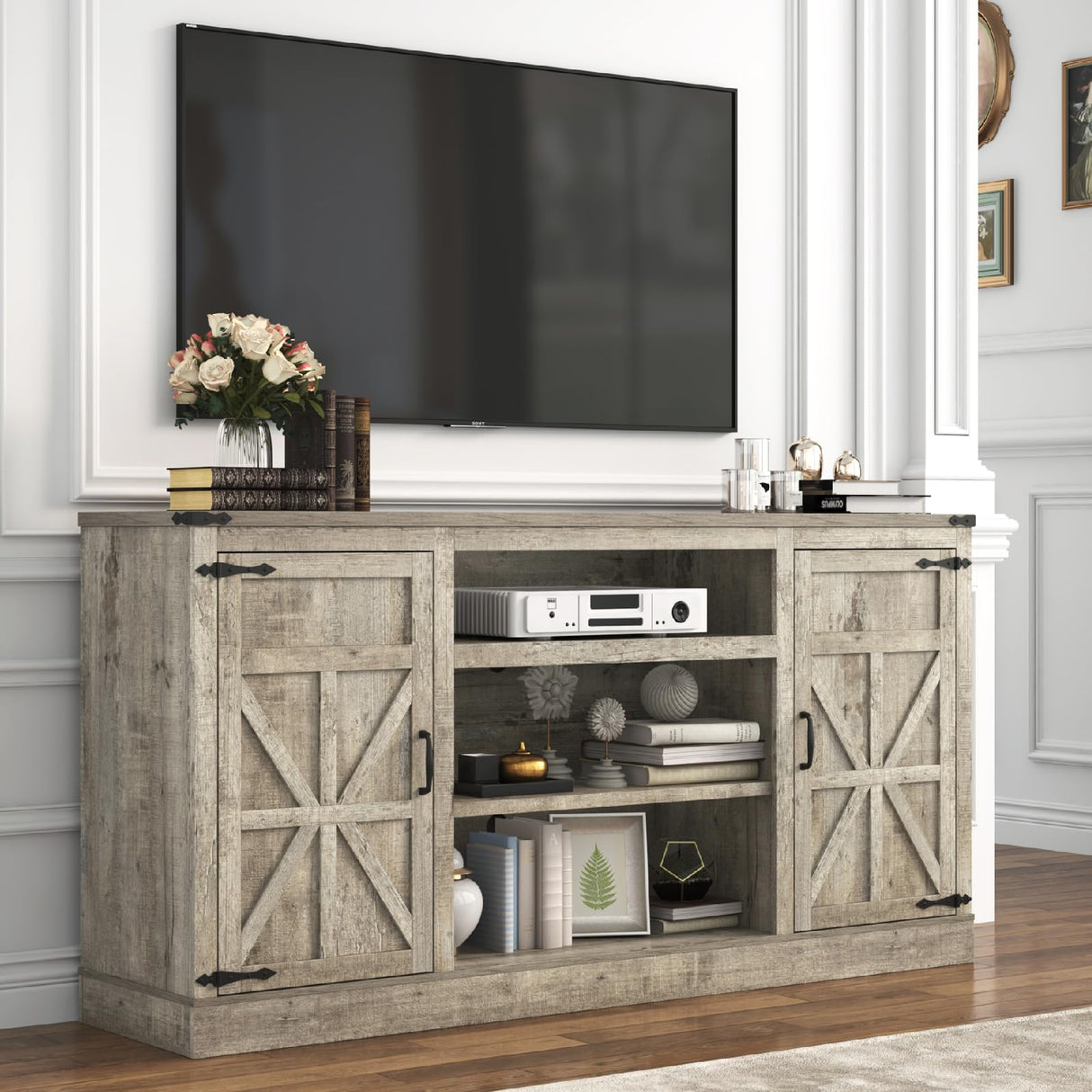 Hlivelood 66" Farmhouse TV Stand with Power Outlets for 75 Inch TVs, 33" Tall Entertainment Center with Storage Cabinets w/Adjustable Shelves, Rustic Large TV Media Console, Light Rustic Oak Hlivelood