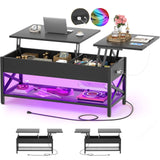 Aheaplus Black Lift-Top Coffee Table with LED Light, Power Outlets and Storage Shelf, 41.7"W x 19.69"L x 19.7"H Aheaplus