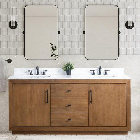 Vanity Art 72 inch Double Sink Bathroom Vanity, Modern Wood Bath Vanity with Carrara Marble Top, Vanity Cabinet with Doors, Removable Shelf, Solid Wood Frame, Tan, VA7072DE Vanity Art