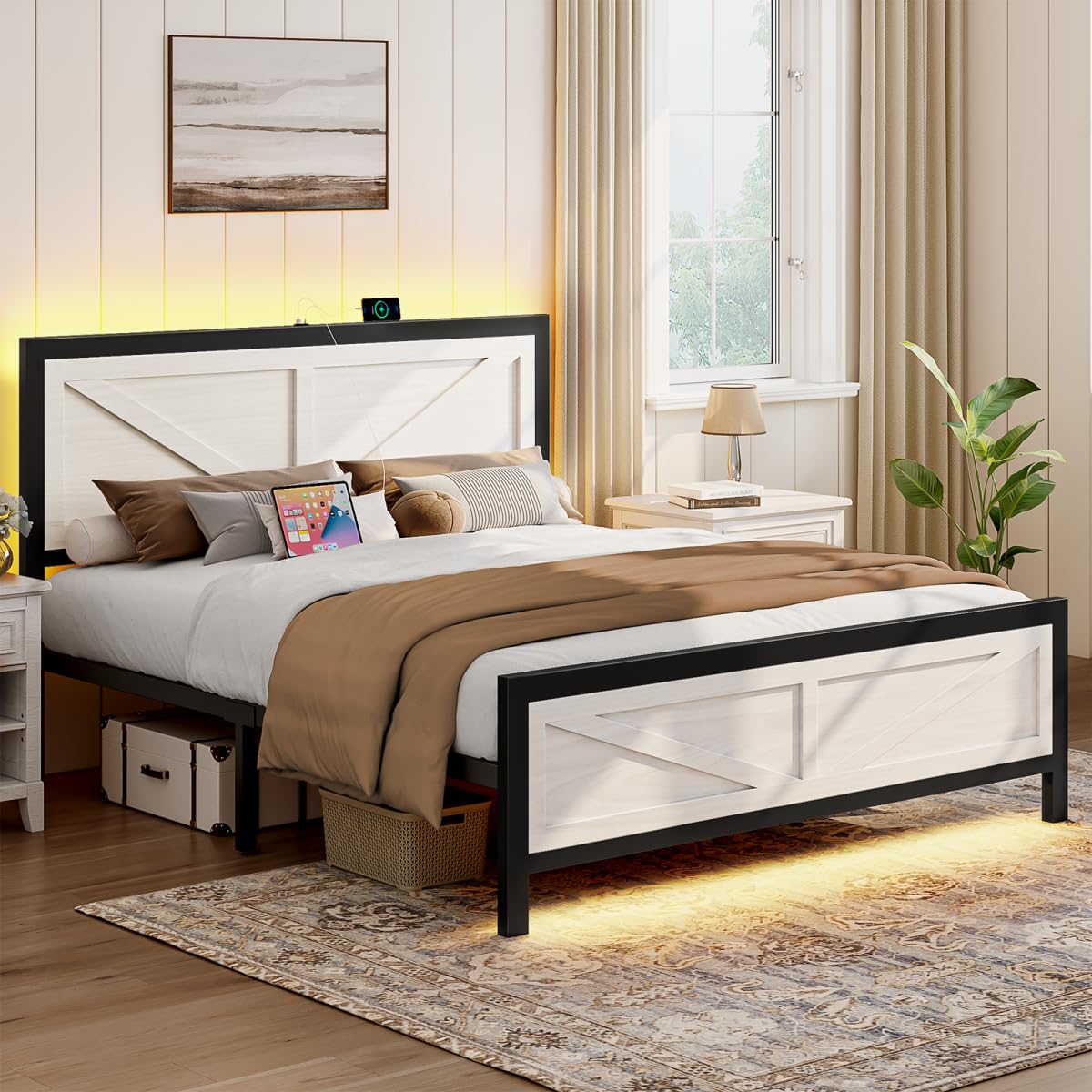 Siihnon Rustic Bed Frame King Size with Barn Door Headboard, LED Bed Frame with Charging Station, Industrial Platform Metal Bed Frames, No Box Spring Needed, Easy Assembly, White Siihnon
