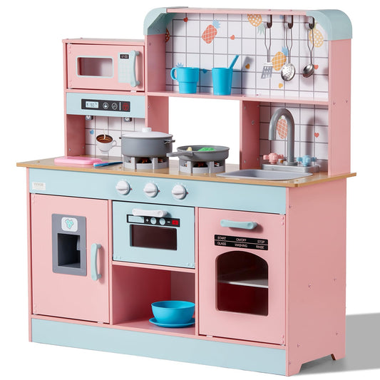 VEVOR Wooden Play Kitchen Toy, Play Kitchen for Kids with Lights and Sounds, Toddler Kitchen with Ice Maker, Oven, Sink, Microwaves, Fridge and Utensil and Fruit Accessory for Toddlers Ages 3-8, Pink