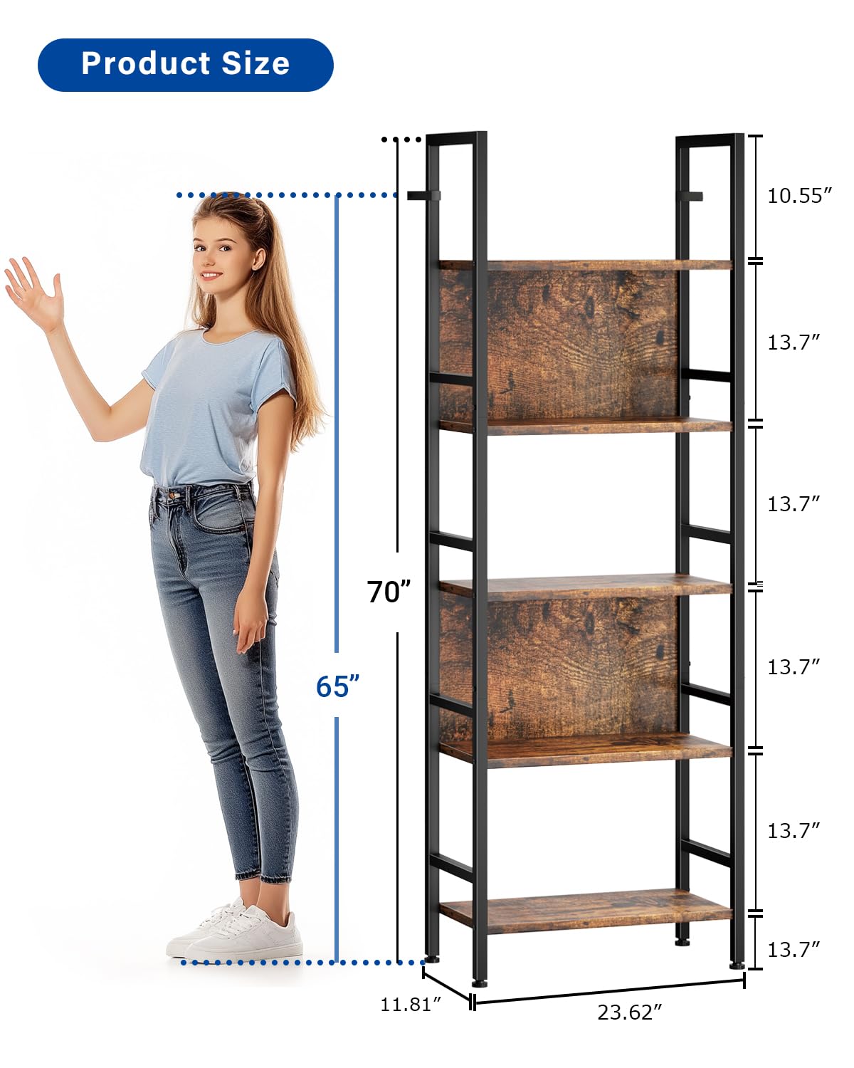 Dunatou 5 Tier Tall LED Book Shelf, 6FT Tall Standing Shelves with RGB Lights, 24'' Wide Lighted Wood Book Shelf 70 Inch Tall, Dimmable Light Up Wooden Bookcase for Bedroom Living Room Office Dunatou