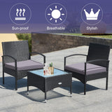 COSTWAY 3 PCS Patio Wicker Conversation Set, PE Rattan Sofa with Tempered Glass Coffee Table, 2 Chairs, 2 Cushions, Outdoor Patio Furniture Set for Yard Porch Bistro Balcony Backyard Pool, Grey COSTWAY