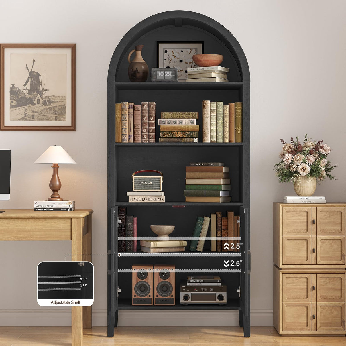ONBRILL 71" Tall Arched Bookshelf, 5-Tier Arched Bookcase with Door & Storage Cabinet, Farmhouse Display Bookshelf Cabinet with Adjustable Shelf, Freestanding Wood Bookcase for Home Office, Study ONBRILL