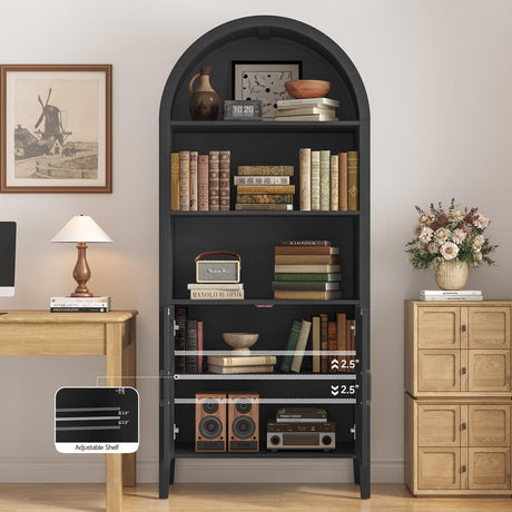 ONBRILL 71" Tall Arched Bookshelf, 5-Tier Arched Bookcase with Door & Storage Cabinet, Farmhouse Display Bookshelf Cabinet with Adjustable Shelf, Freestanding Wood Bookcase for Home Office, Study ONBRILL