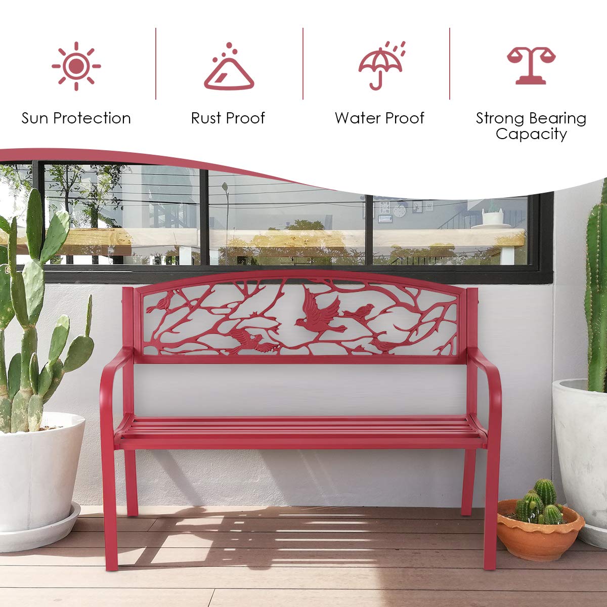 Giantex 50”Outdoor Bench with Cast Iron Backrest & Ergonomic Armrest,600 lbs Steel Metal Frame, Garden Bench for Park Front Porch Patio Lawn Backyard Balcony Path Entryway Deck, Red Bird Pattern Giantex