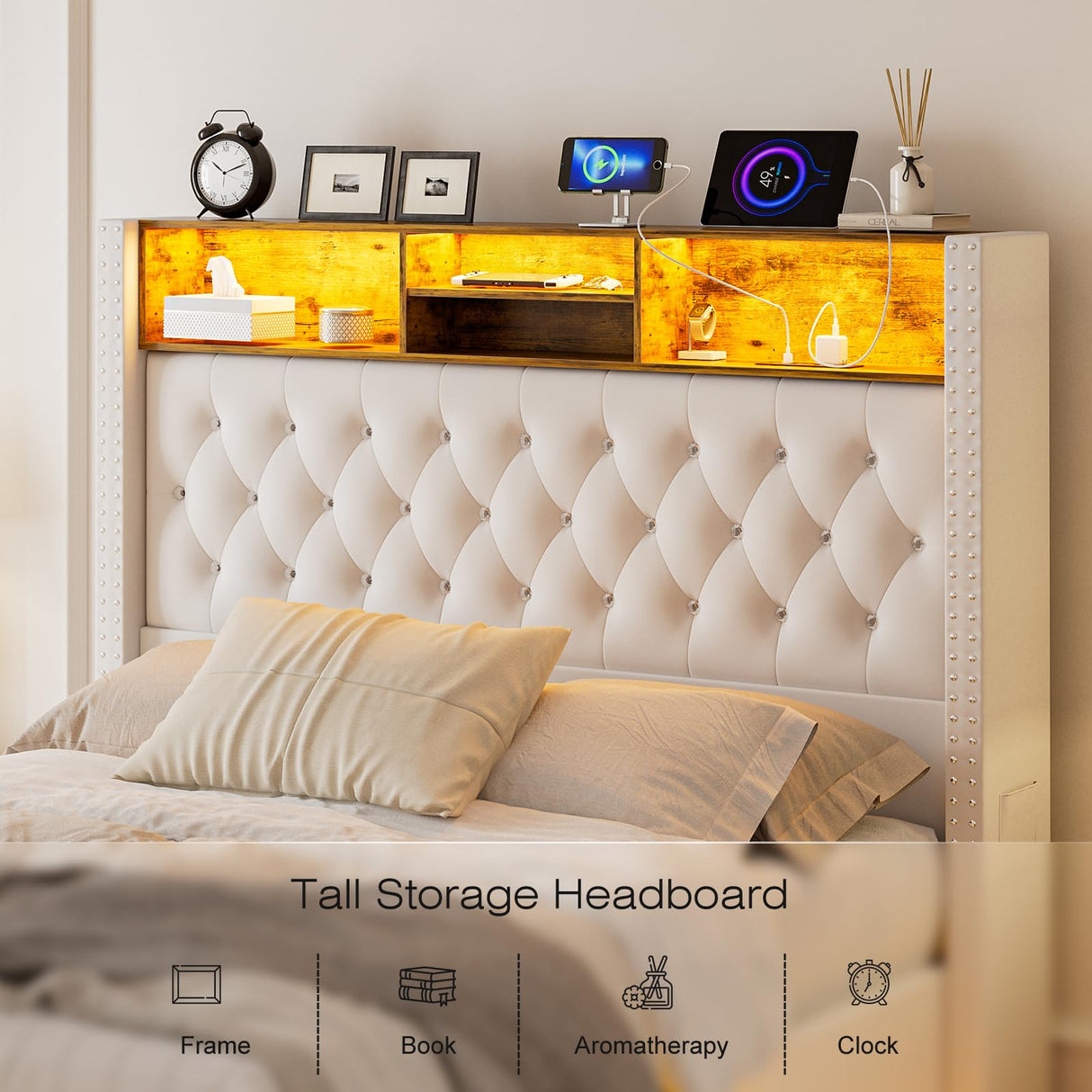 Floating Queen Size Bed Frame with Velvet Upholstery, Storage Headboard & LED Lights by CIKUNASI CIKUNASI