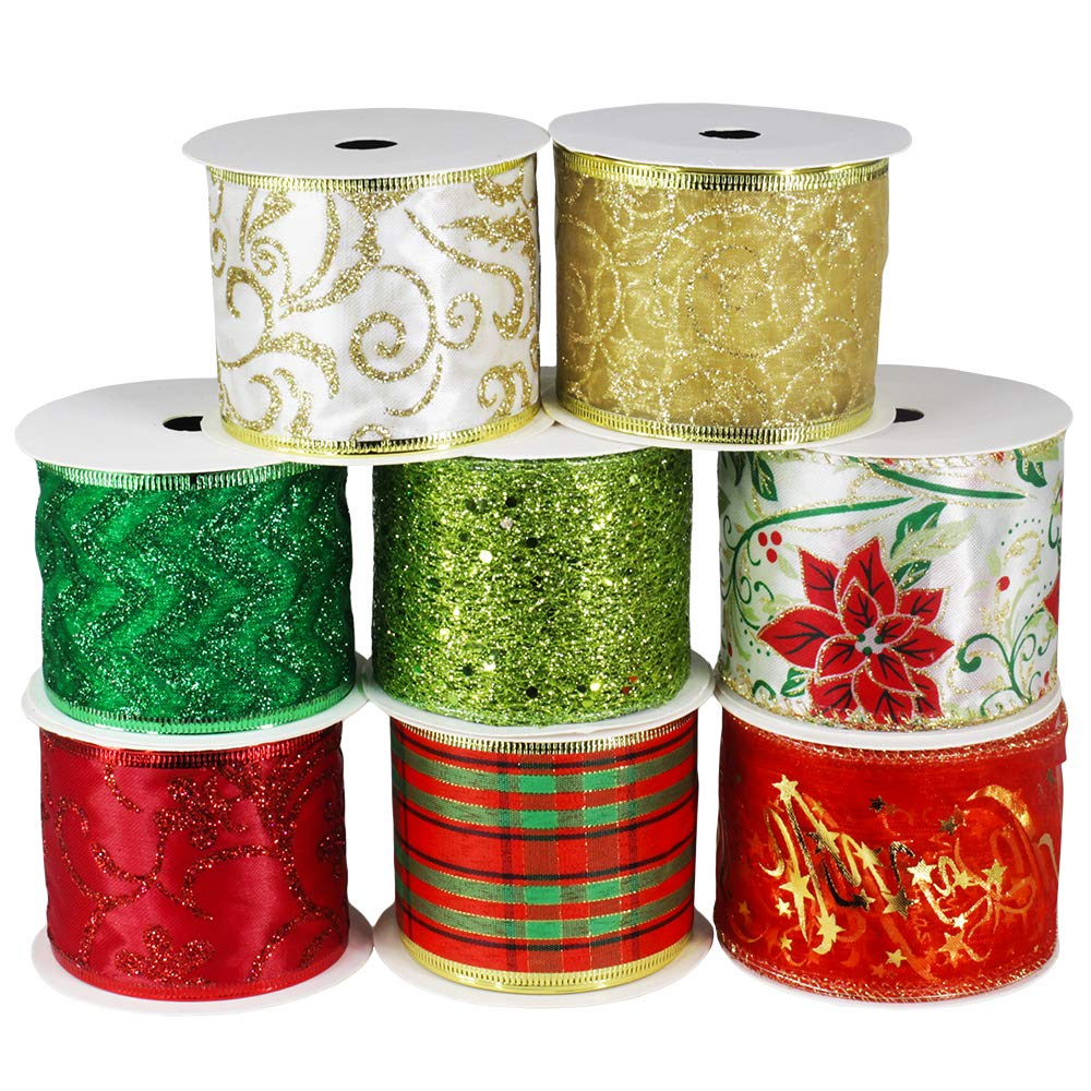 48 Yards Assorted Christmas Ribbons - Plaid, Bow, Wired, Mesh, Glitter, Tulle, Organza - 2.5" Wide For Wreaths, Garlands