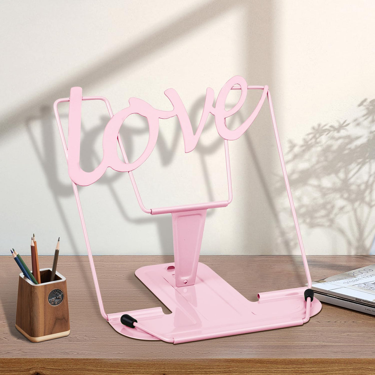 Honagu Adjustable Metal Book Stand Book Holder, Book Stand for Reading, Documents Holder, Sturdy Typing Stand for Cookbook Textbooks Tablet Music Books (Macaron Pink) Honagu