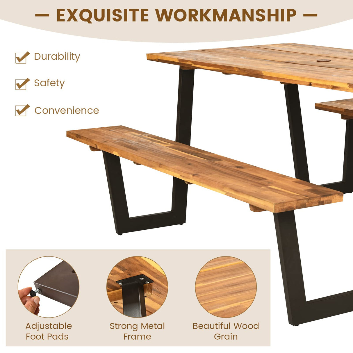 Tangkula Wooden Picnic Table, Outdoor Acacia Wood Picnic Table with 2 Built-in Benches, Umbrella Hole, Steel Frame, Outside Table and Bench Set for Garden, Backyard, Porch, Patio Tangkula