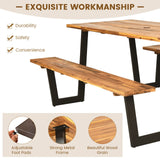 Tangkula Wooden Picnic Table, Outdoor Acacia Wood Picnic Table with 2 Built-in Benches, Umbrella Hole, Steel Frame, Outside Table and Bench Set for Garden, Backyard, Porch, Patio Tangkula