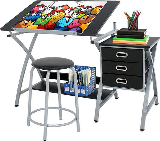 BBBuy Drafting Table Drawing Desk Art Craft Adjustable Tabletop Craft Table w/ 3 Slide Drawers and Stool Set Art Design Workstation for Writing, Painting, Sketching for Home Office, Black