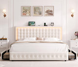 HIFIT Upholstered Full Size LED Bed Frame with Charging Station and 4 Large Storage Drawer, Velvet Button Tufted Full Platform Bed with Adjustable Headboard, No Box Spring Needed, Easy Assembly, Beige HIFIT