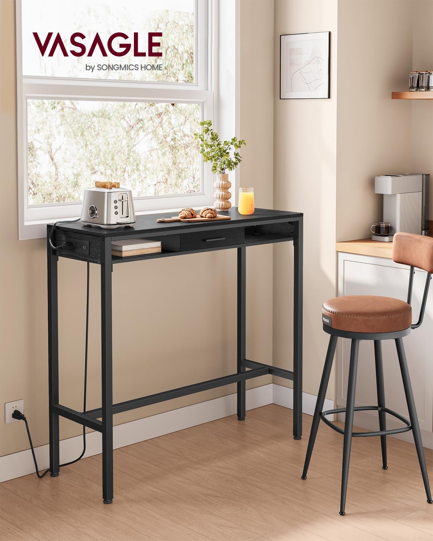 VASAGLE 39.3-Inch Rectangular Bar Table with Power Outlet and Adjustable Feet in Ebony Black