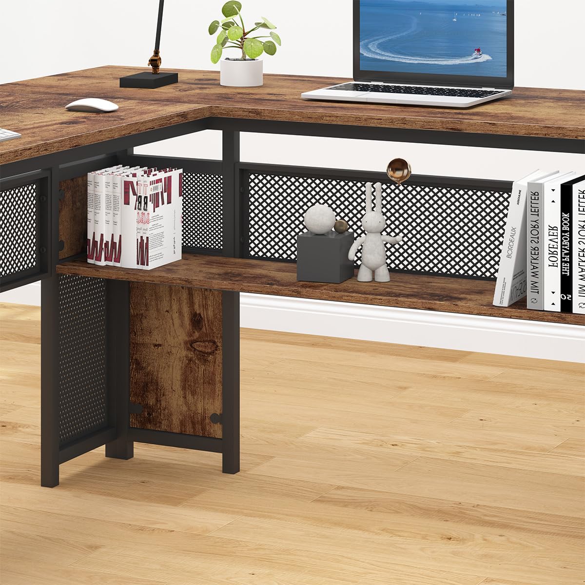 HSH L Shaped Computer Desk with File Drawers, Large Metal Wood L Shape Table with Storage Cabinet Shelves, Reversible Corner Home Office Executive Writing Study Workstation Desk, Rustic Brown, 59 Inch HSH