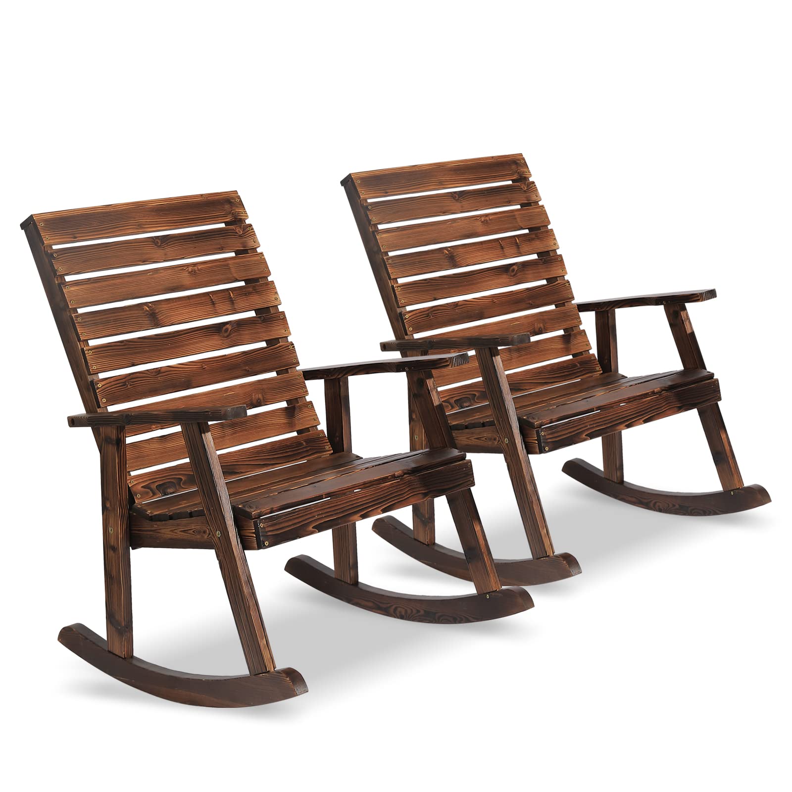 FURNDOOR Outdoor Rocking Chairs Set of 2, Patio Wood Rocker Chairs High Back 2PCS Rocking Chairs for Deck, Garden, Backyard, Porch - WoodArtSupply