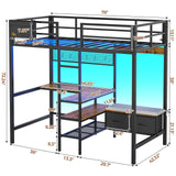 DICTAC Twin Loft Bed with L-Shaped Desk and Charging Station Twin Size Metal Bed Frame with LED Lights,Storage Shelves and Coat Rack with 2 Storage Drawers,Top Bunk with Safety Guard & Stair, Black DICTAC