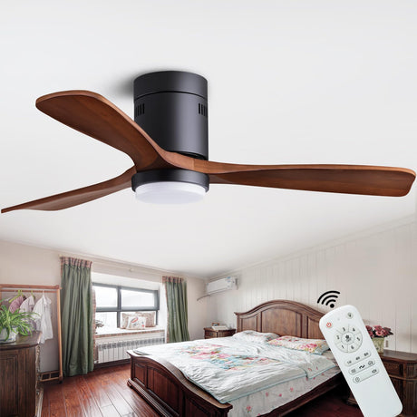 48" Recessed Ceiling Fan, Wooden Ceiling Fan with Lights with Remote Control, Indoor Outdoor Wooden Ceiling Fan with 3 Wooden Blades for Patio, Living Room, Bedroom, Hallway and More.…… dearnow