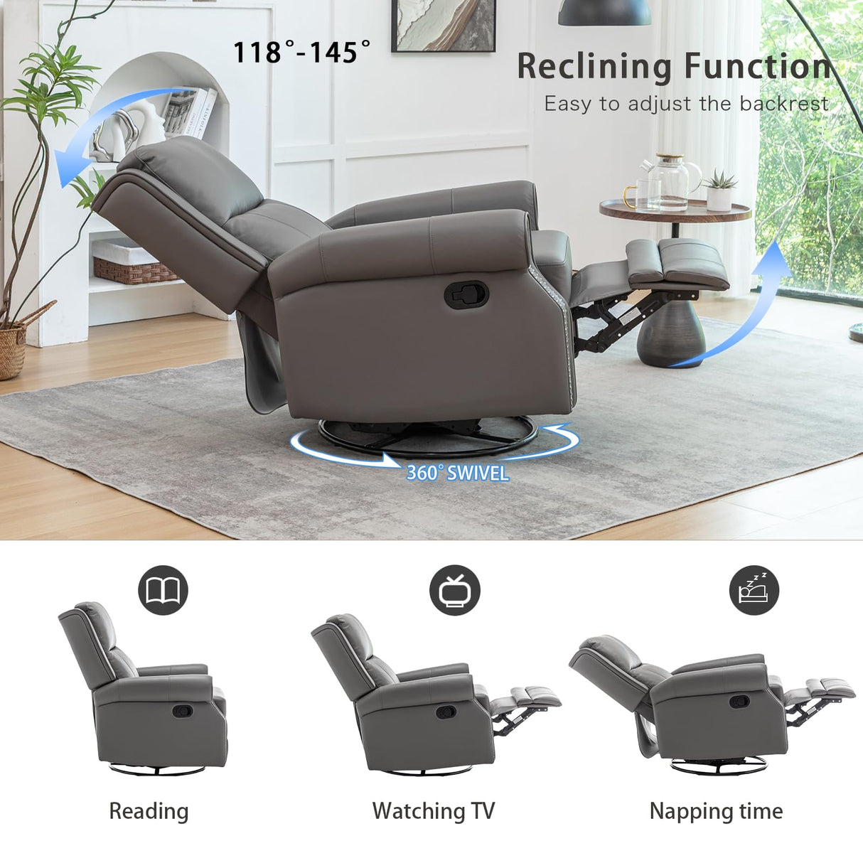 Modern Genuine Leather Swivel Rocker Recliner Chair, Manual Glider Rocking Chairs for Adults, Overstuffed Nursery Rocking Chairs with Footrest, Rocker Recliner for Living Room, Bedroom (Grey) HOMEFLEX