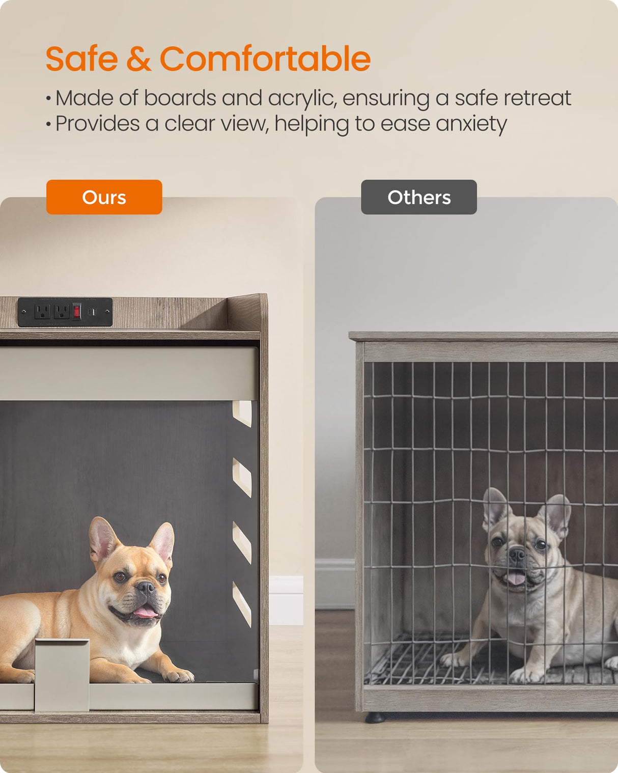 Feandrea Modern Dog Crate Furniture with Charging Station, Kennel Indoor with Flip-up Hidden Acrylic Door, for Small and Medium Dogs up to 45 lb, Side End Table, Heather Greige UPOC021G01 Feandrea