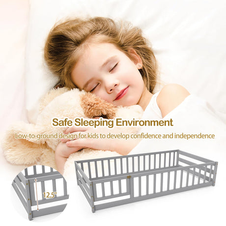 KOMFOTT Twin Size Wood Floor Bed with Door & Fence, Montessori Bed Frame with Full Length Safety Guardrails, Door & Latch, Wooden Montessori Floor Bed for Kids, Girls, Boys (Grey, Twin) KOMFOTT