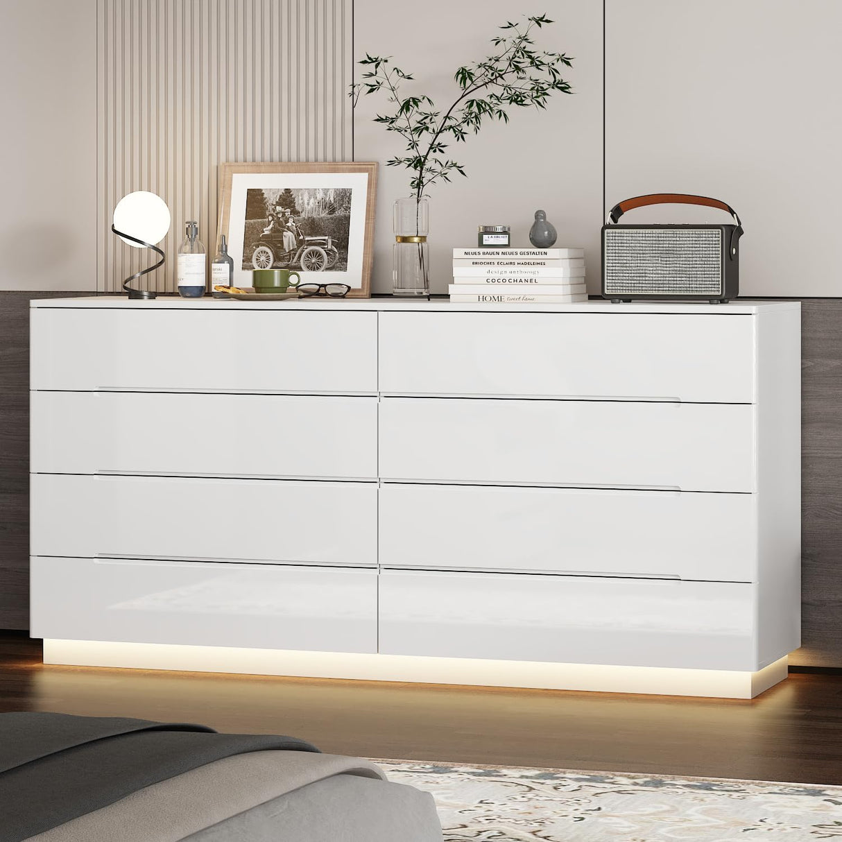 WOODTIME Modern 8 Drawer Dresser with LED Lights and Glossy Surface, 63" Large Dressers & Chests of Drawers Storage Tower Organizer for Bedroom, White WOODTIME
