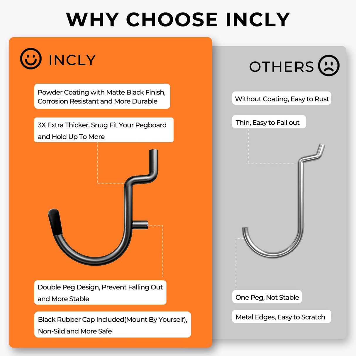 INCLY 220PCS Extra Thick 1/4" Pegboard Accessories Organizer Kit, Heavy Duty Black Pegboard Hooks with Bins and Peg Lock, Peg Board Hooks Assortment for Garage Wall Attachments Hanging Tools INCLY