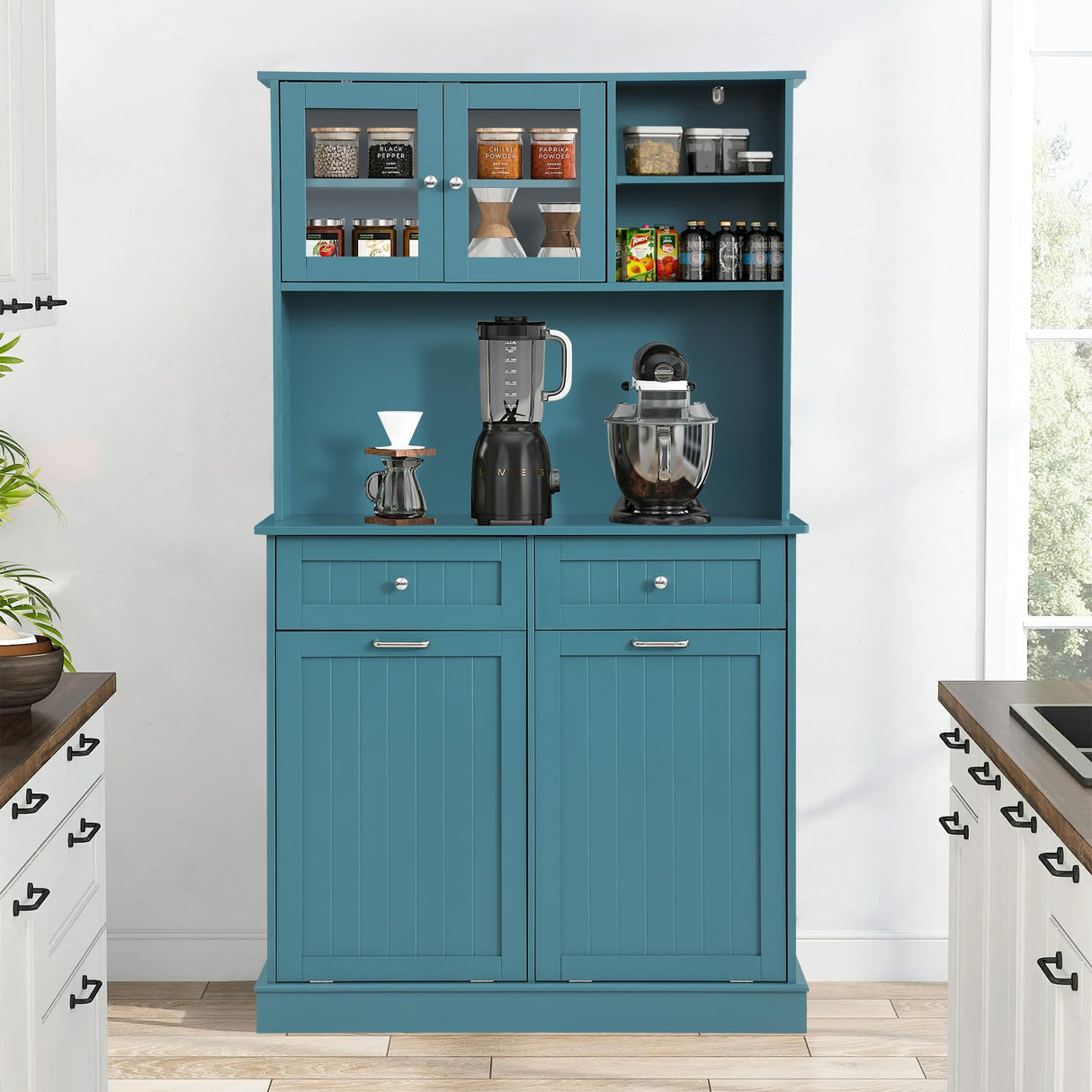 YOCONYO Double Tilt Out Trash Cabinet Storage Cabinet 20 Gallon with Two Solid Wood Hideaway Trash Holder Drawers, Dual Wooden Free Standing YOCONYO