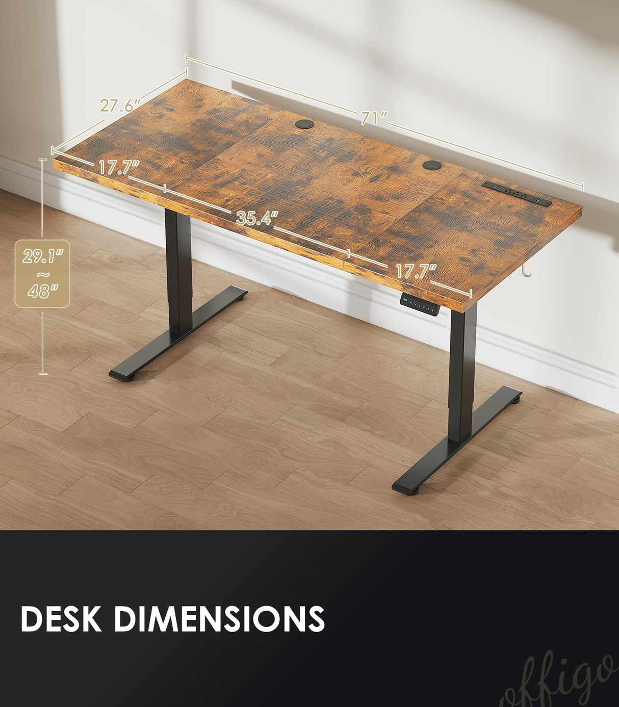 OffiGo Electric Standing Desk with 3-Piece Board, 71 Inch Height Adjustable Large Desk with Power Outlets, Sit Stand Table, Writing Computer Desk for Home, Office, Workstation, Rustic Brown OffiGo