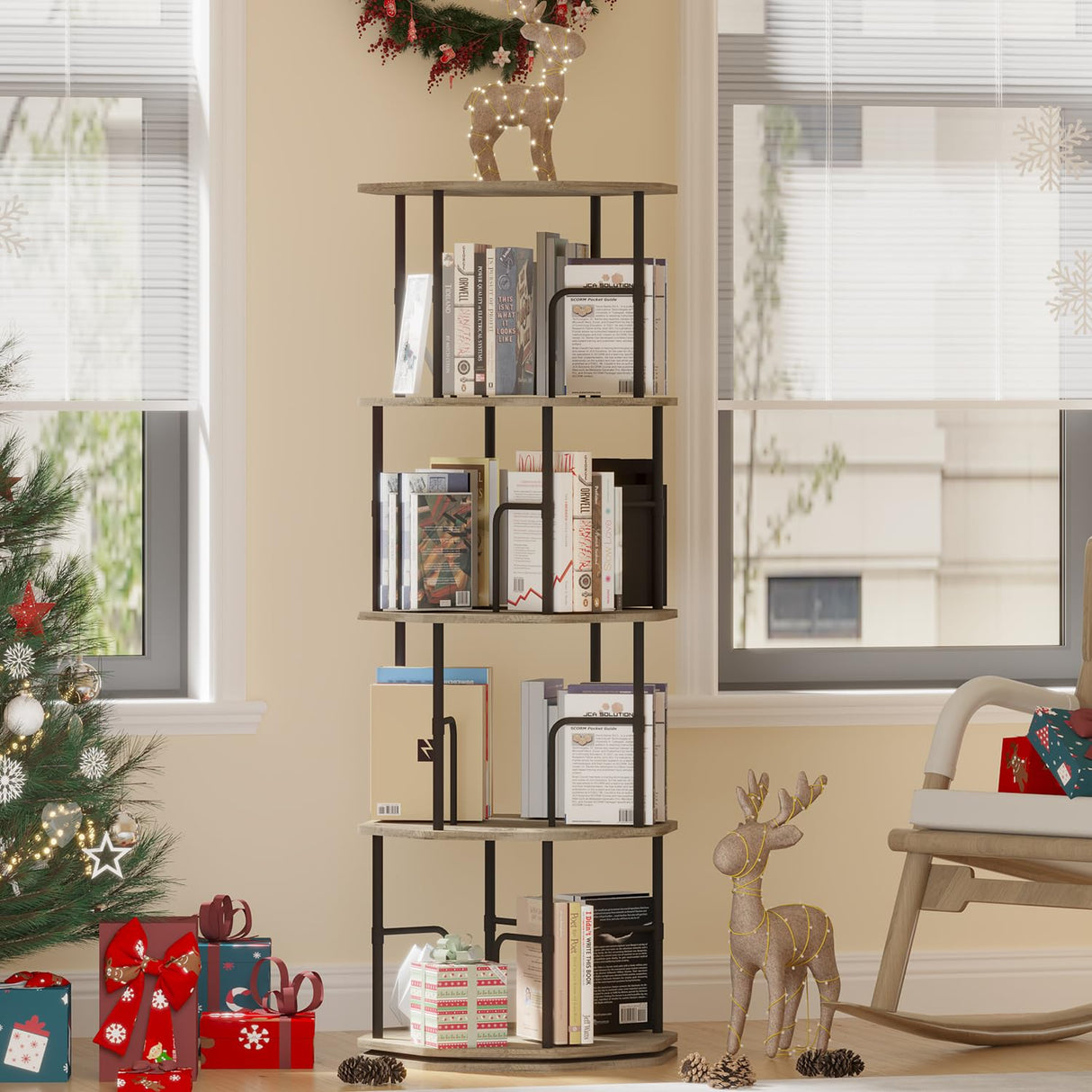 HOVANESTY 4 Tier Rotating Bookshelf, 360 Display Round Spinning Bookshelf Tower for Kids Room, Corner Shelf for Living Room, Office, Bedroom, Black HOVANESTY