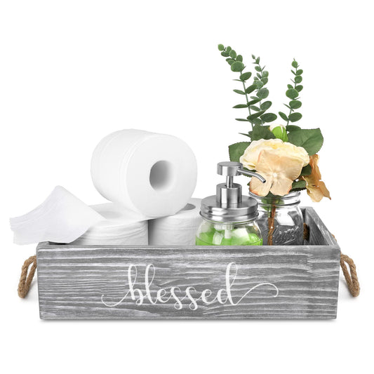 HOMKO Toilet Paper Bathroom Decor Box with Two Mason Jars and Artificial Flower Wooden Bathroom Box for Toilet Paper Storage with Handle, Bathroom Rustic Accessory and Organizer (Rustic Grey, Large)