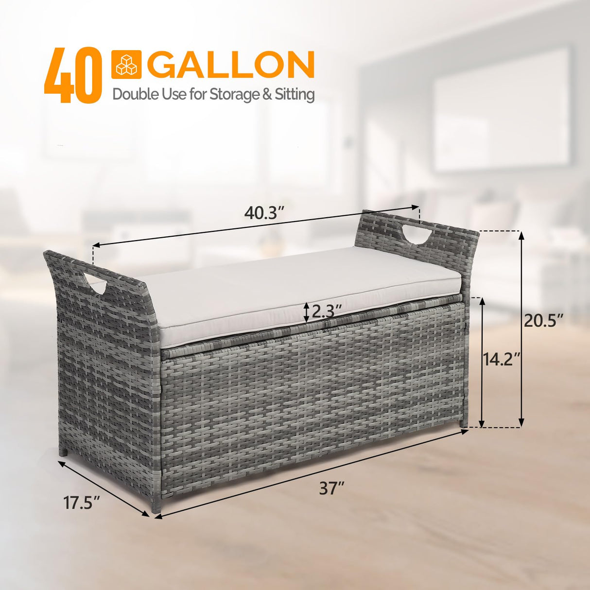 VINGLI 40 Gallon Outdoor Storage Bench with Cushion, Rattan Storage Box, Patio Wicker Deck Box with Seat for Garden | Balcony | Porch | Pool | Yard (Grey Frame + Light Grey Cushion) VINGLI
